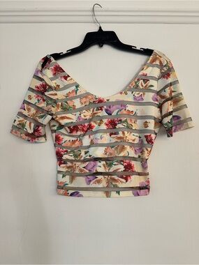 Guess Floral Striped Crop Top in Cream, Red, Purple